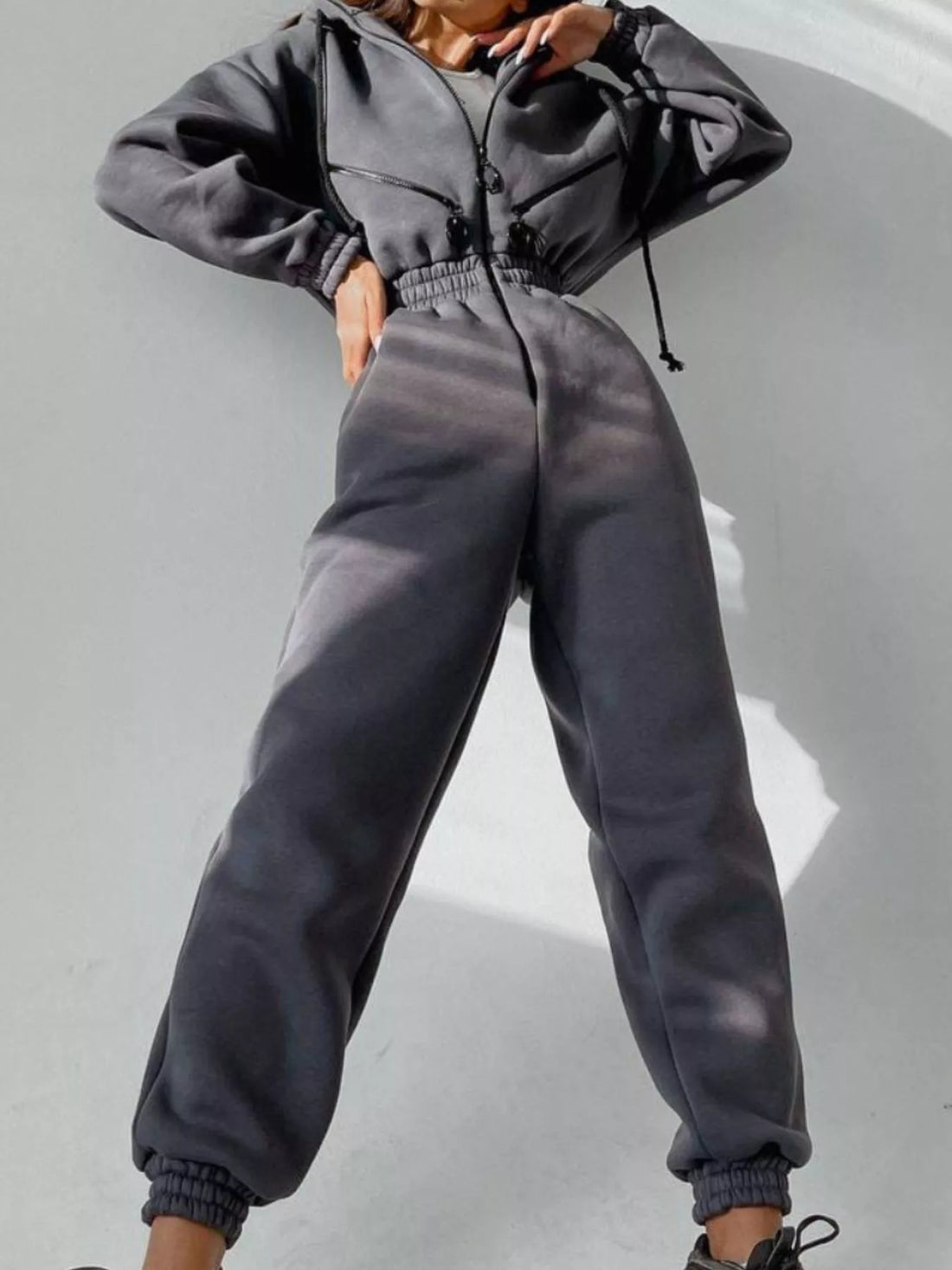 Hooded Zip-Up Long Sleeve Jumpsuit - cas7m