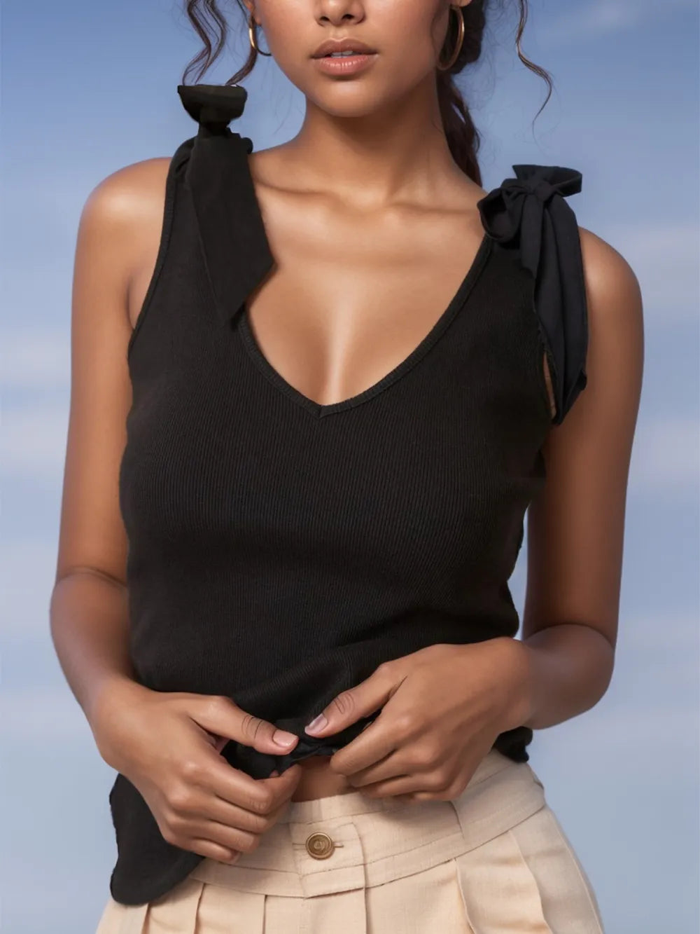 V-Neck Tie Shoulder Tank - cas7m