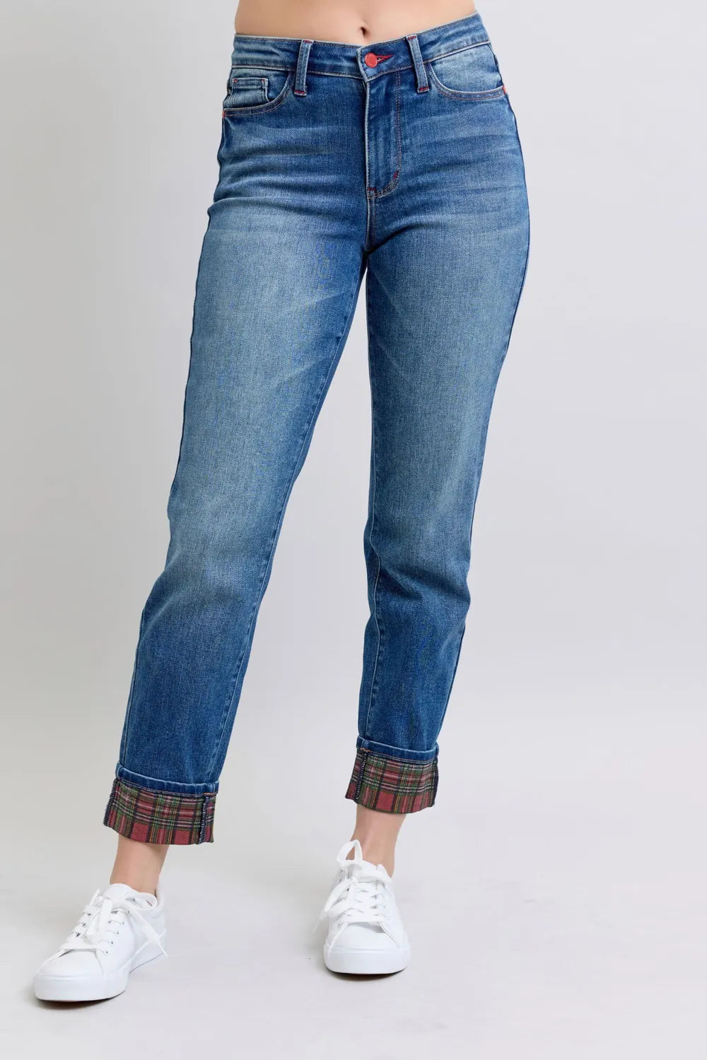 Judy Blue Full Size Plaid Print Cuff Straight Leg Jeans with Pockets - cas7m