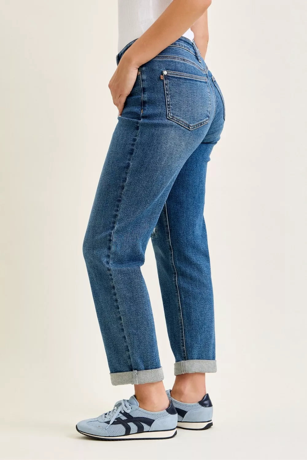Judy Blue Mid Rise Boyfriend Embroidered Repair Patch Jeans - cas7m