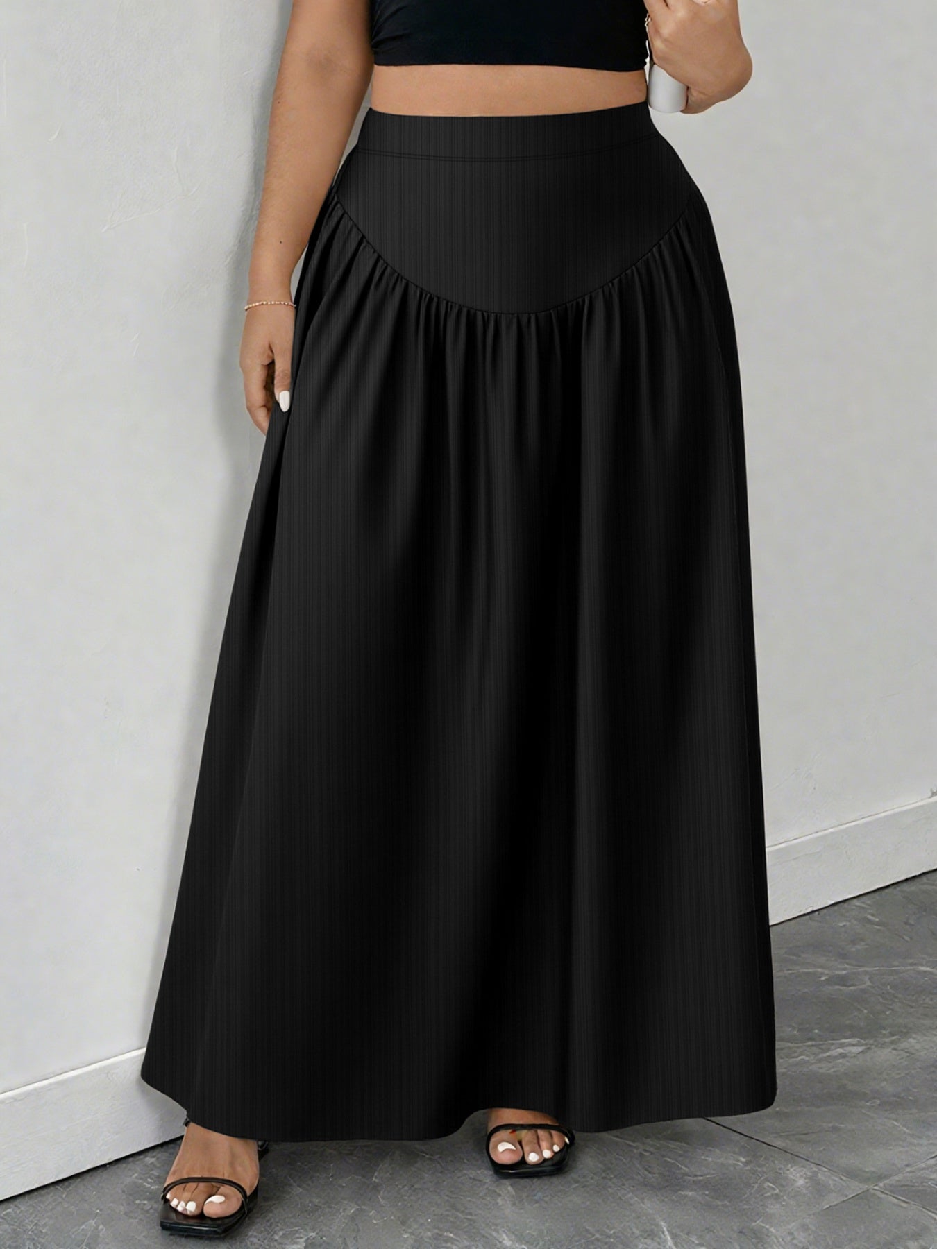 Plus Size Polyester Pocketed Midi Skirt - Easy Care Fashion - cas7m