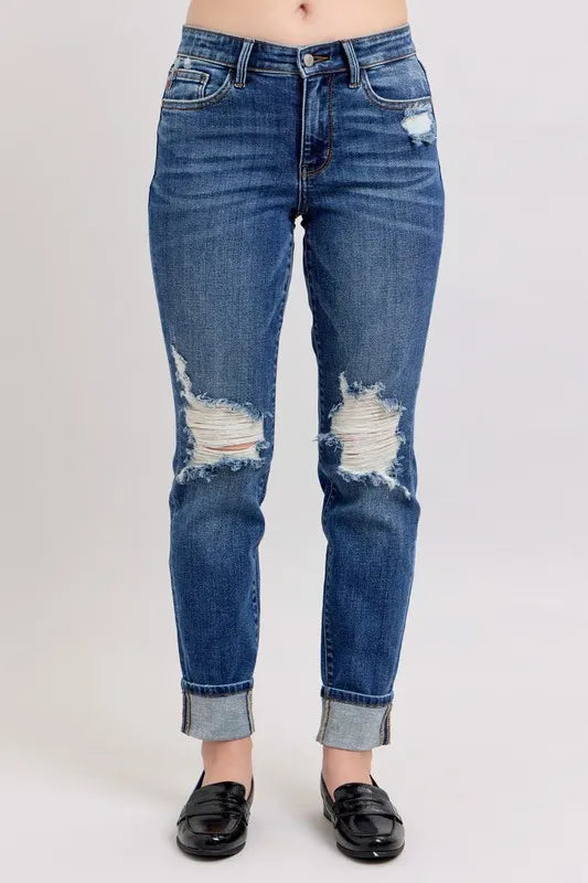 Judy Blue Full Size Mid Rise Boyfriend destroy Jeans with Yoke Pockets and Faux Selvedge Cuff Plus Size - cas7m