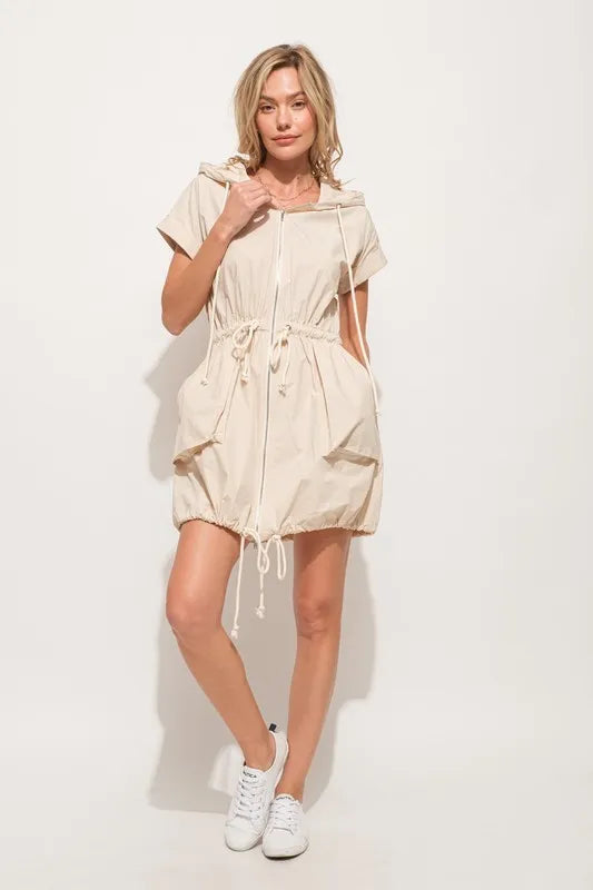 And The Why Short Sleeve String Details Hooded Mini Dress - cas7m