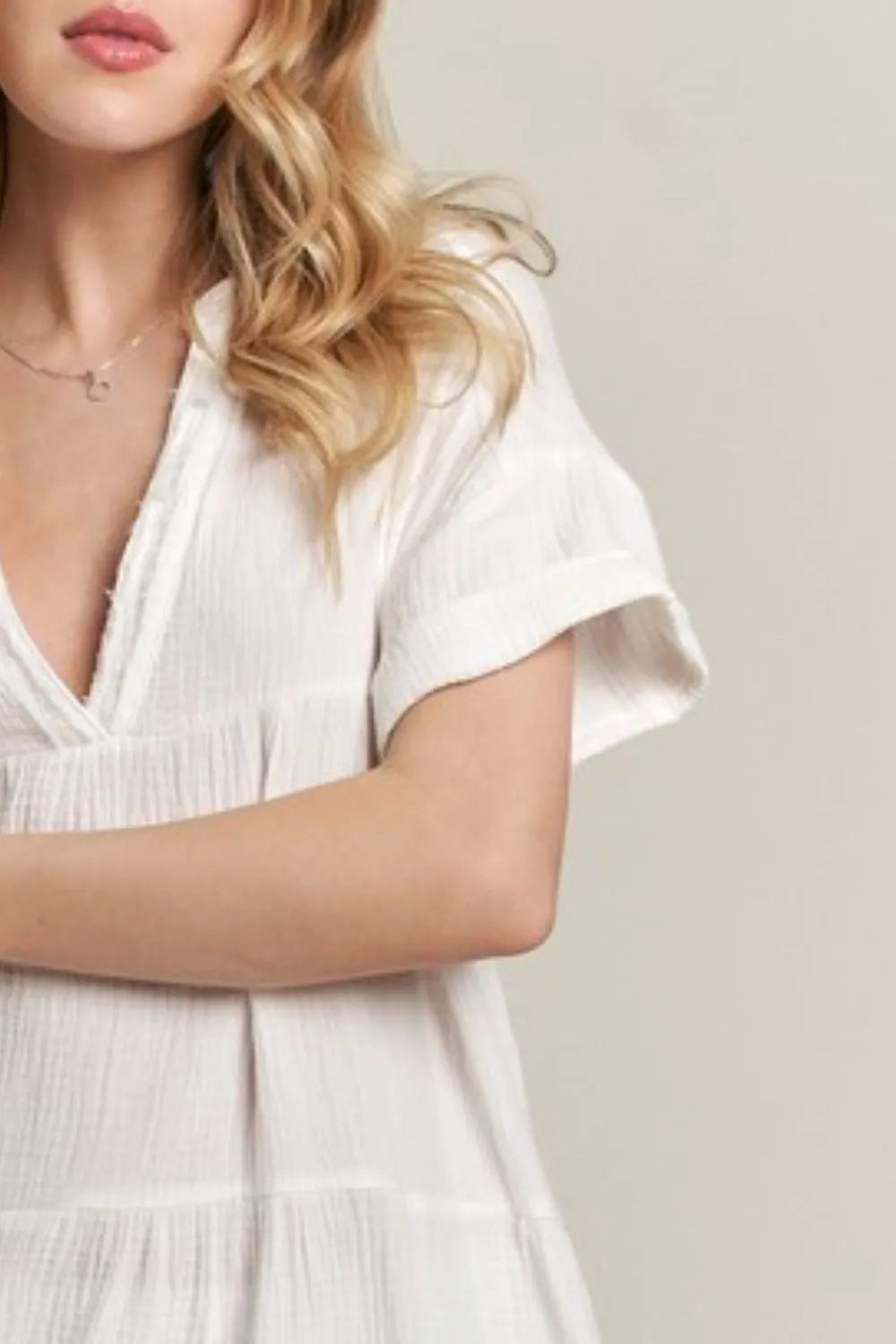 ADORA Tiered Notched Short Sleeve Dress - cas7m