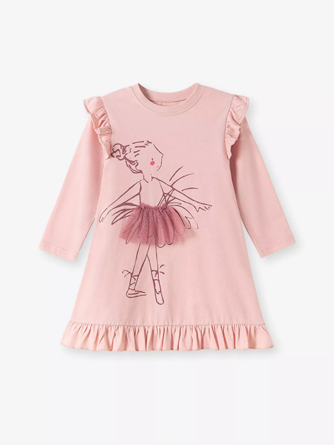 Children's Ruffle Trim Long Sleeve Dress - cas7m