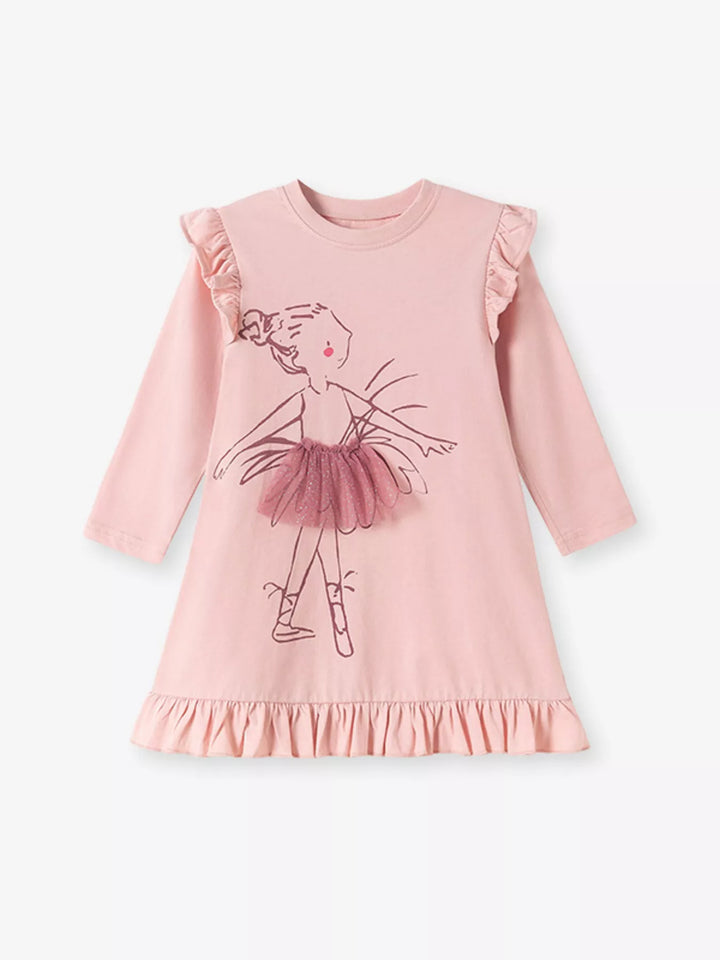 Children's Ruffle Trim Long Sleeve Dress - cas7m