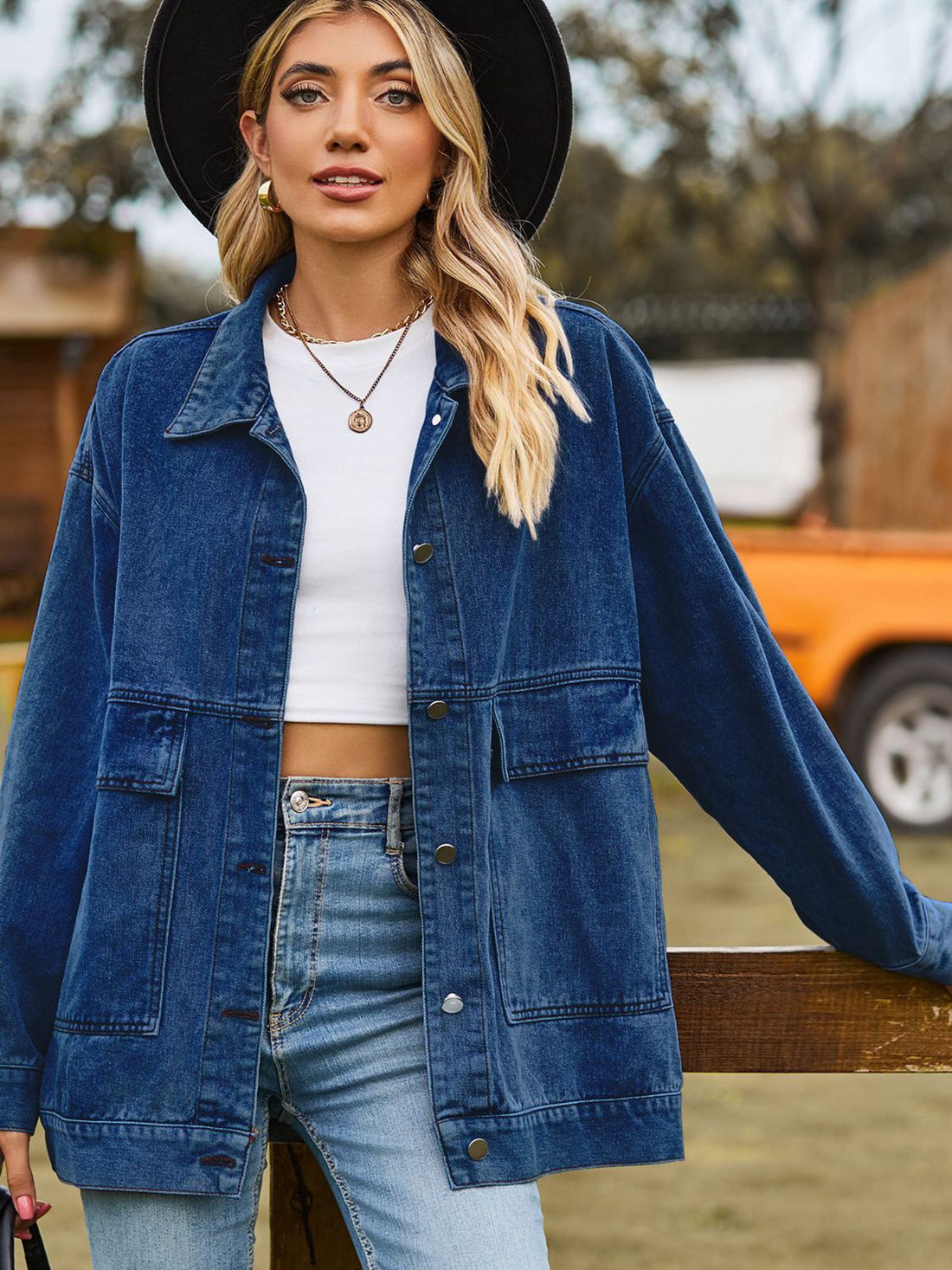 Dropped Shoulder Denim Jacket with Pockets - cas7m