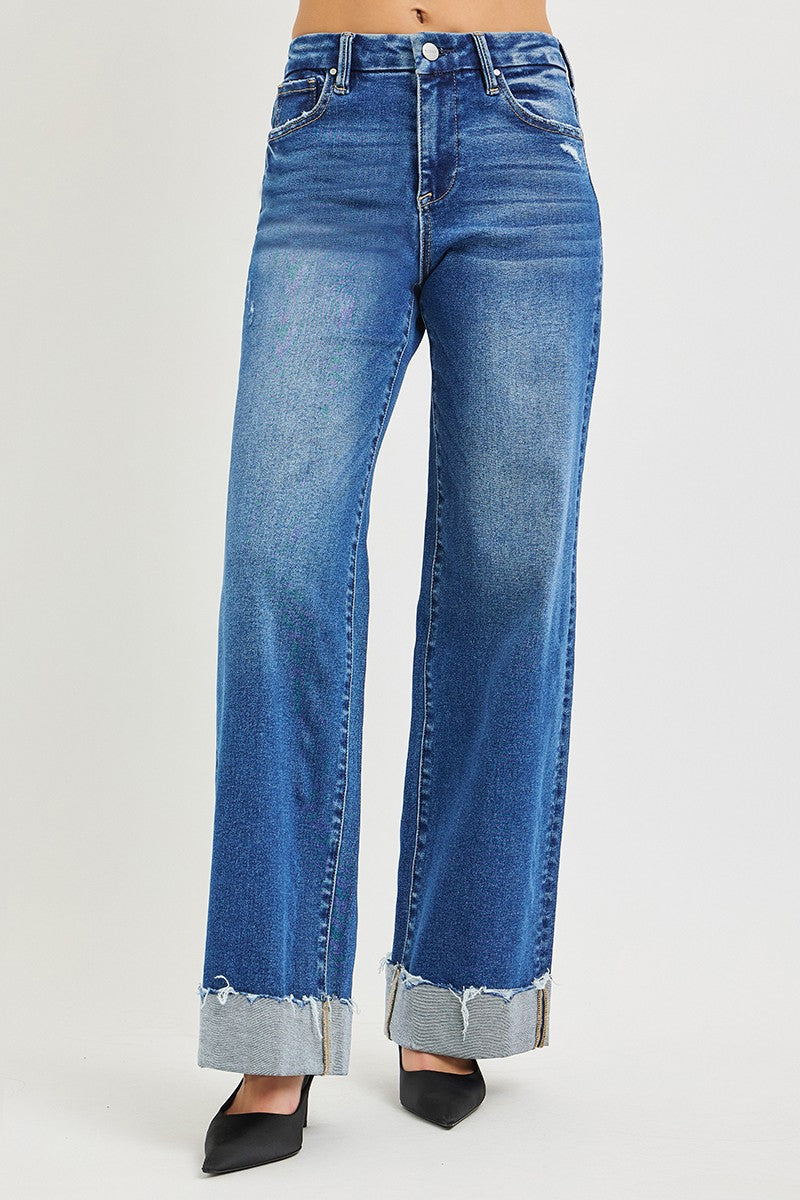 RISEN High Rise Wide Leg Jeans With Cuffed Hem - cas7m