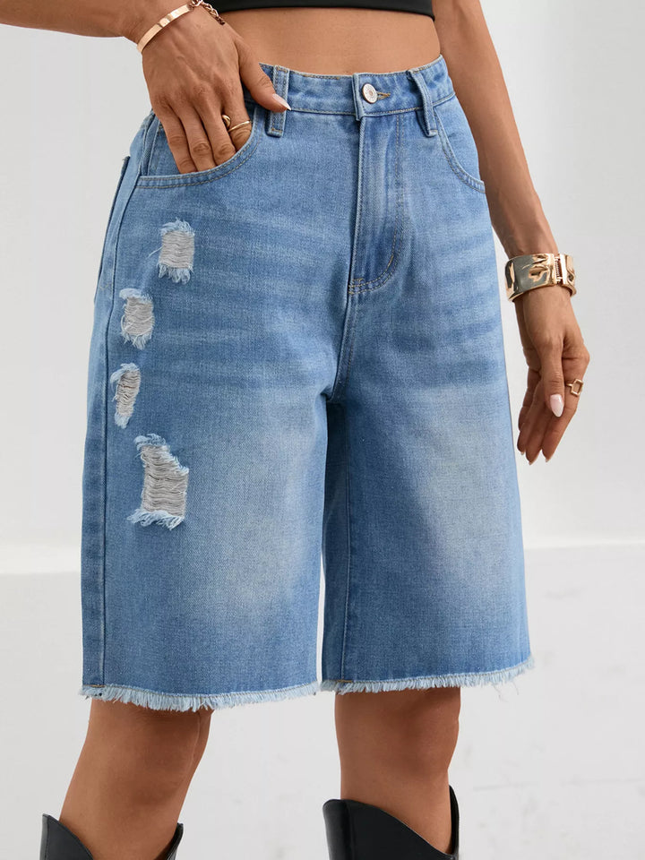 Ripped Frayed Hem Denim Shorts - cas7m
