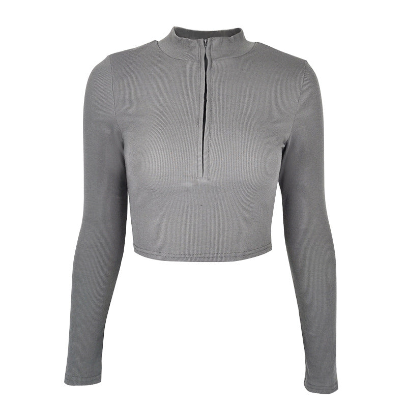Slim Fit Women's Long-Sleeved Zipper T-Shirt Top - cas7m