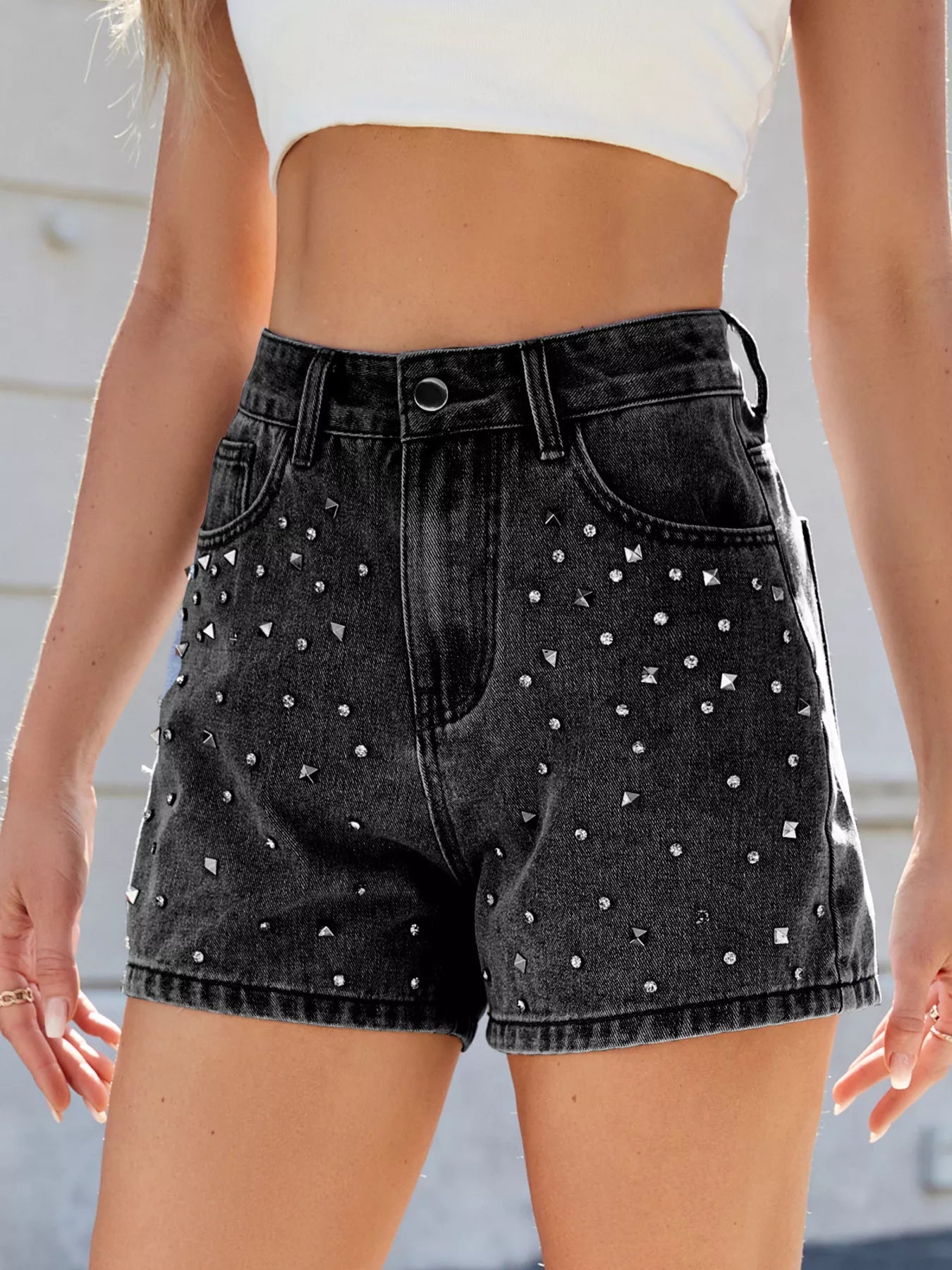Studded High Waist Denim Shorts - cas7m