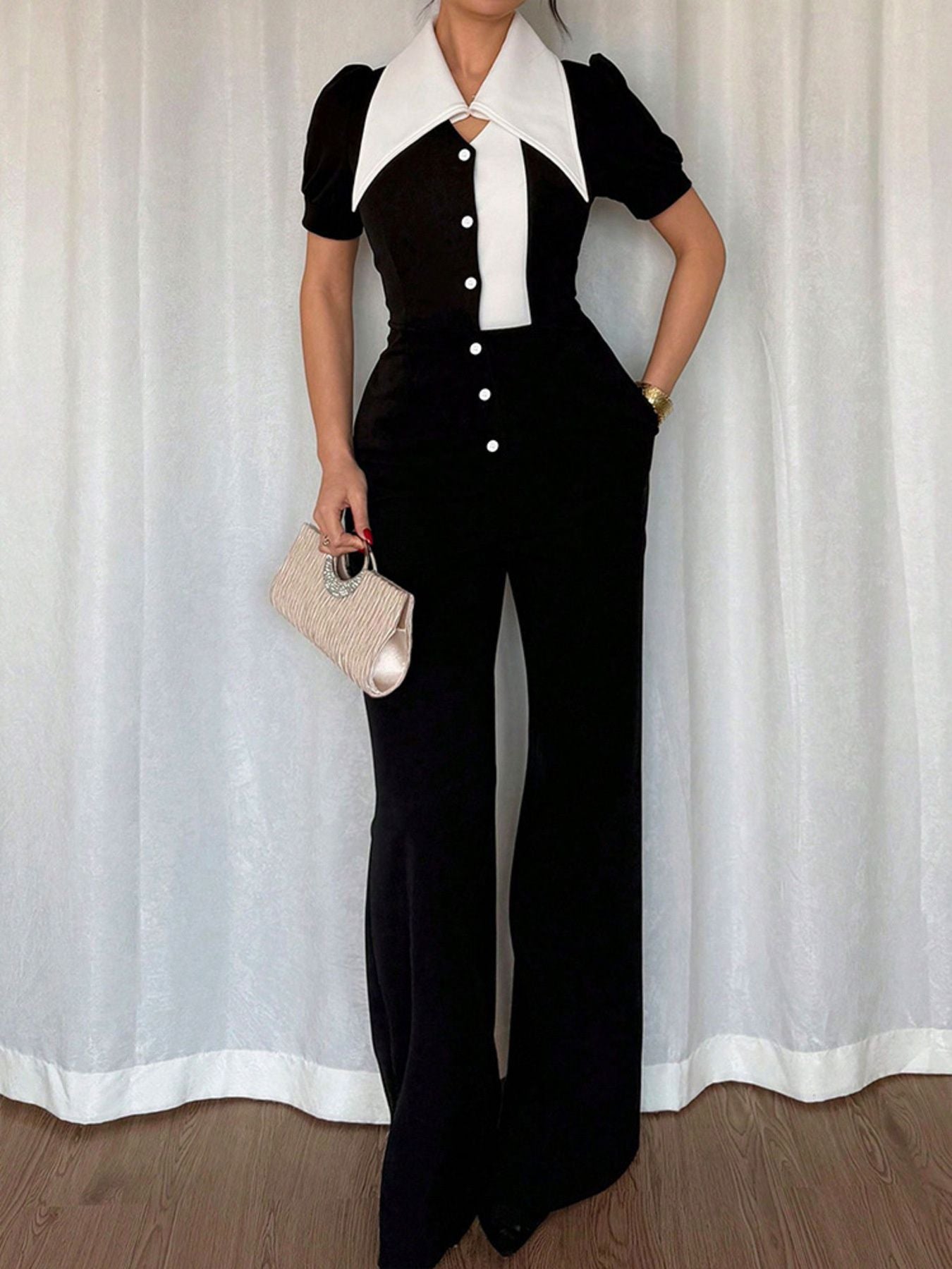 Contrast Button-Down Wide Leg Jumpsuit - cas7m
