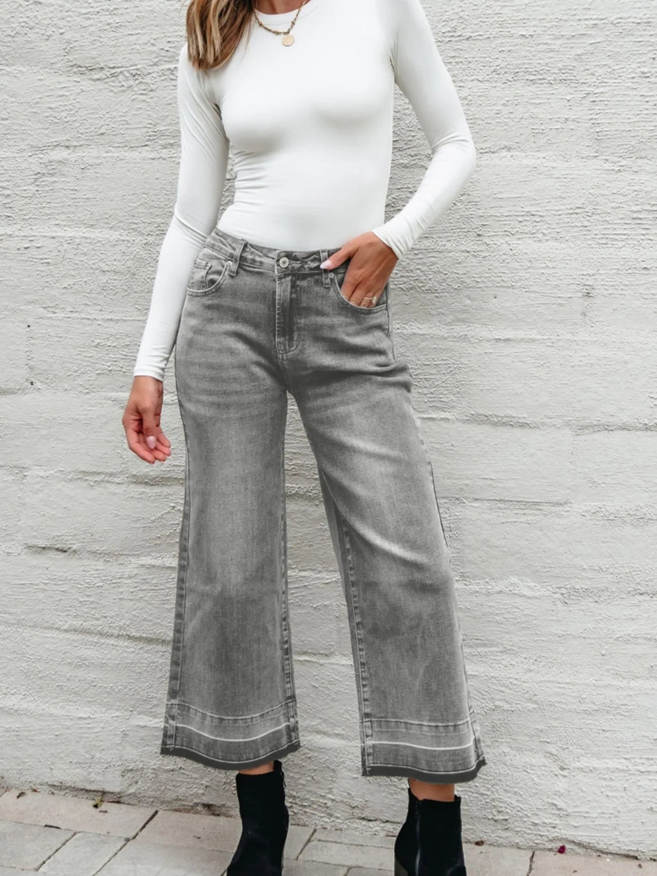 High Waist Wide Leg Washed Jeans - cas7m
