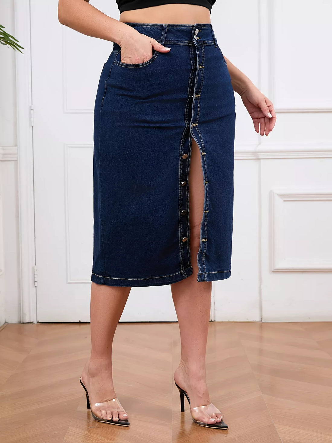 Plus Size Button-Front High Waist Denim Skirt - cas7m