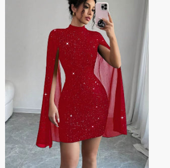 Women's Sexy Elegant Evening Party Dresses Round Neck Pit Stripe Pearl Chiffon Cape Sleeve Wrapped Hip Dress - cas7m