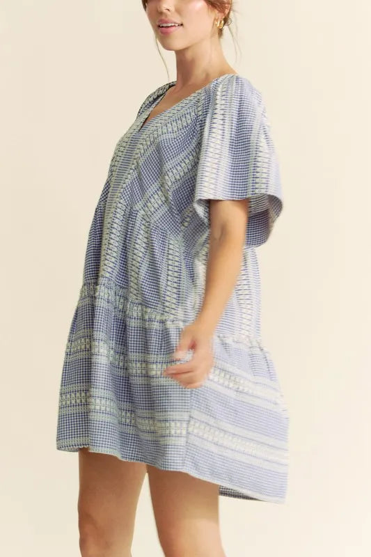 Davi & Dani Embroidered Stripe Ruffled Gingham Mini Dress - cas7m