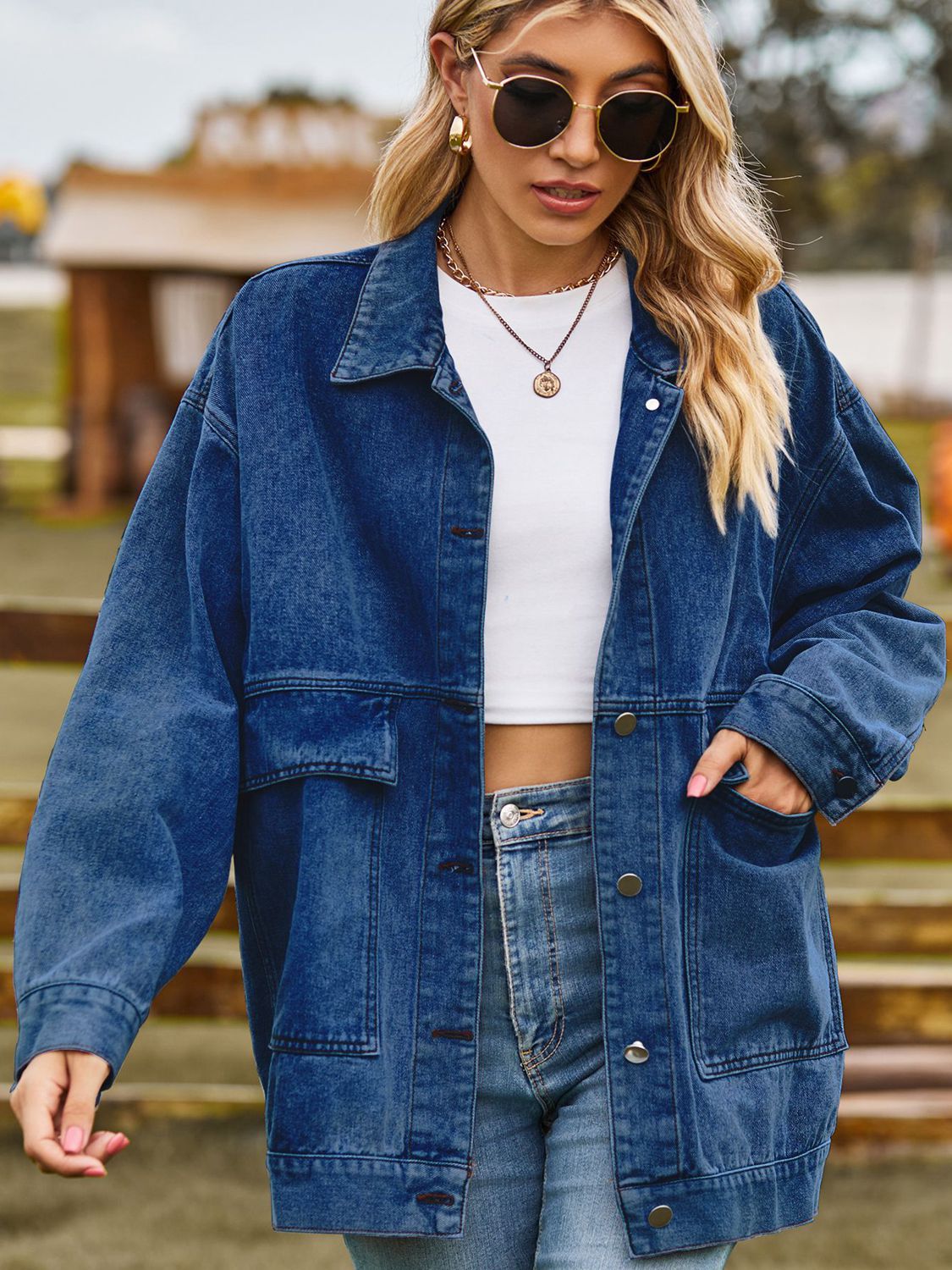 Dropped Shoulder Denim Jacket with Pockets - cas7m