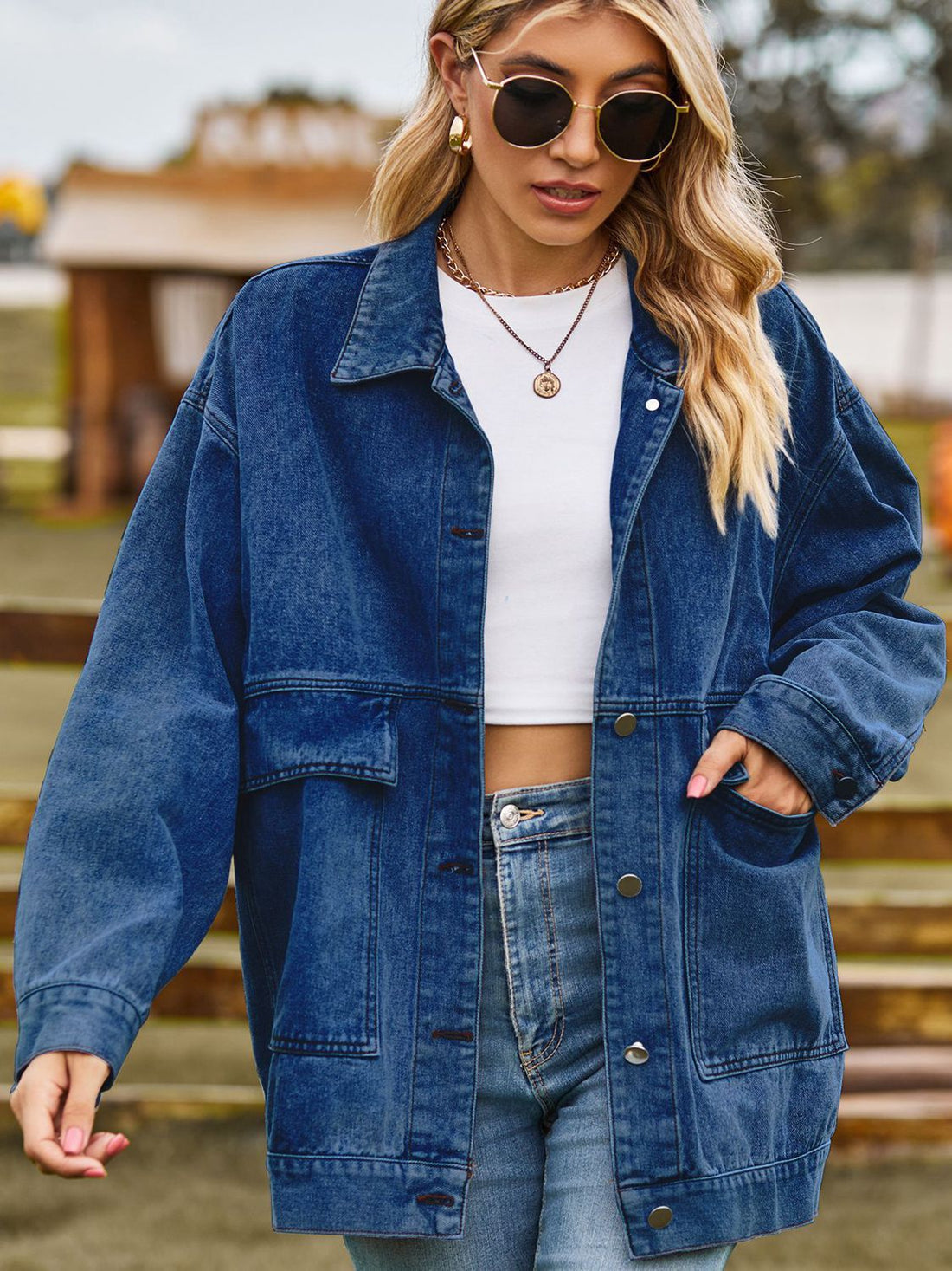 Dropped Shoulder Denim Jacket with Pockets - cas7m