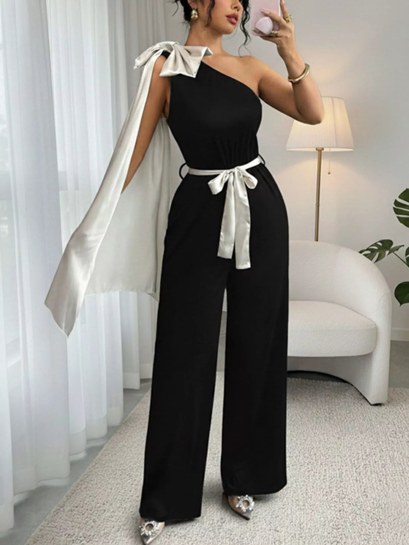 One-Shoulder Bowknot Wide Leg Jumpsuit - cas7m