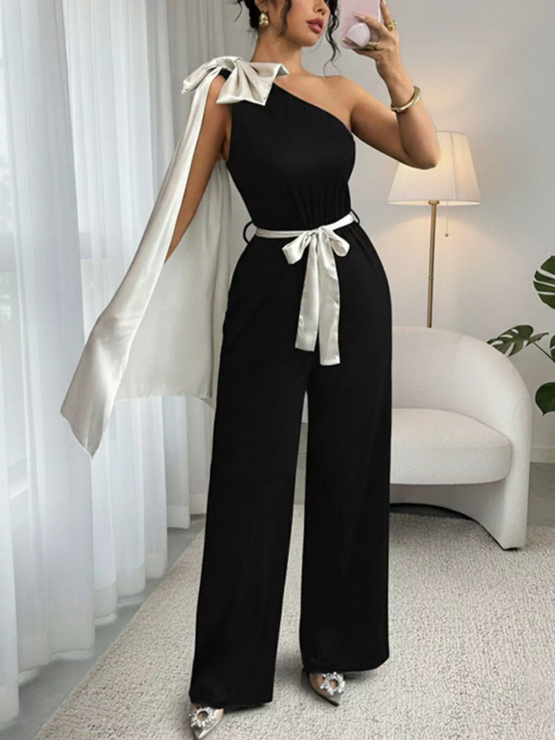 One-Shoulder Bowknot Wide Leg Jumpsuit - cas7m