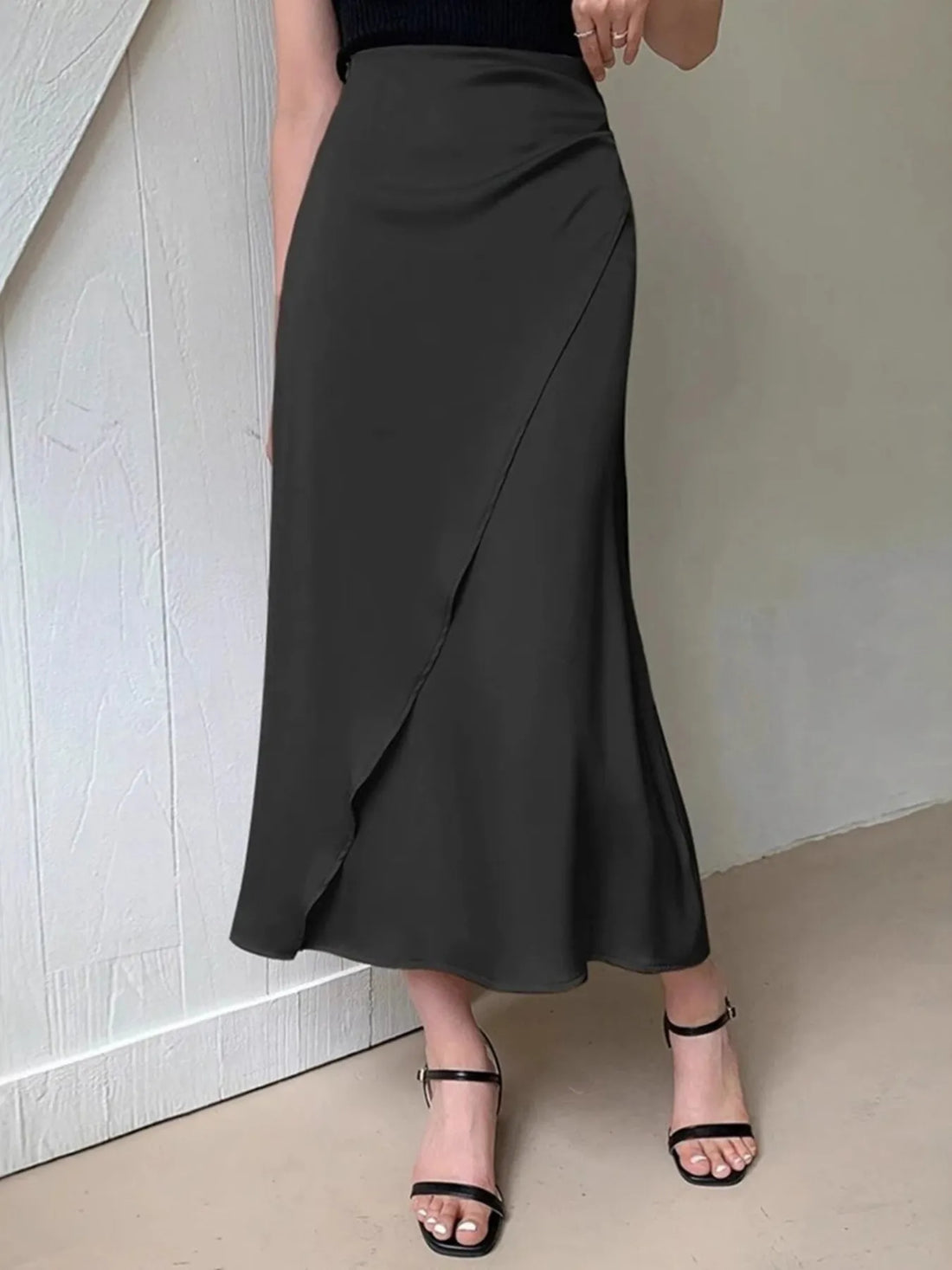 Asymmetric Wrap Midi Skirt with Fluted Hem - cas7m