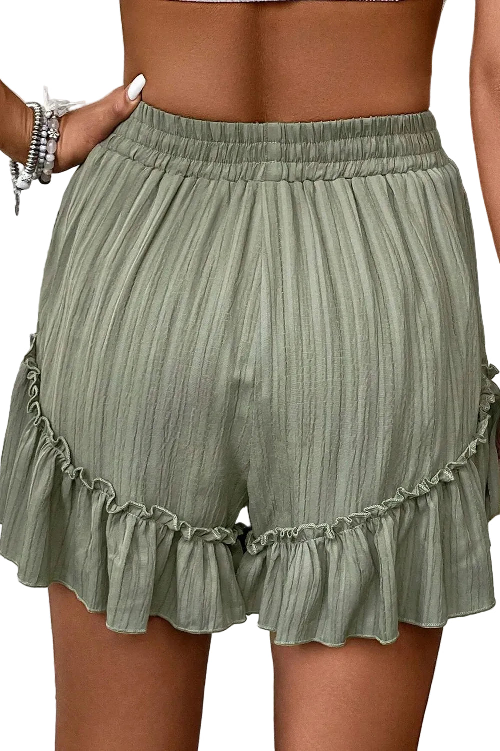 Textured Tie Waist Ruffle Hem Shorts - cas7m