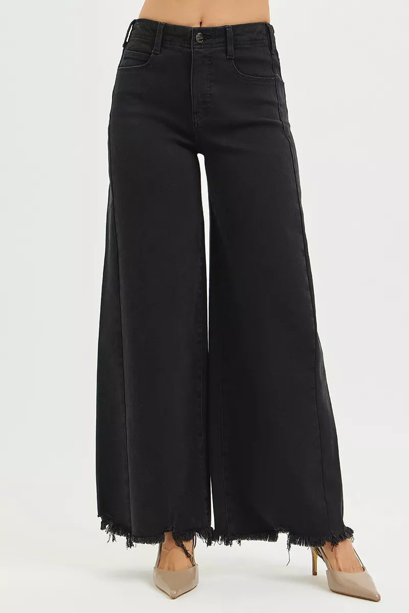 RISEN Tummy Control High Rise Palazzo Leg Frayed Hem Jeans - cas7m