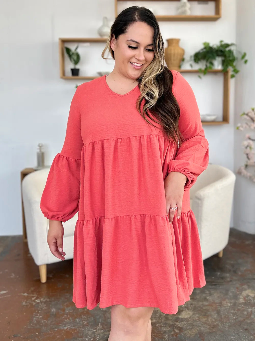 Double Take Full Size V-Neck Balloon Sleeve Tiered Dress with Pockets - cas7m