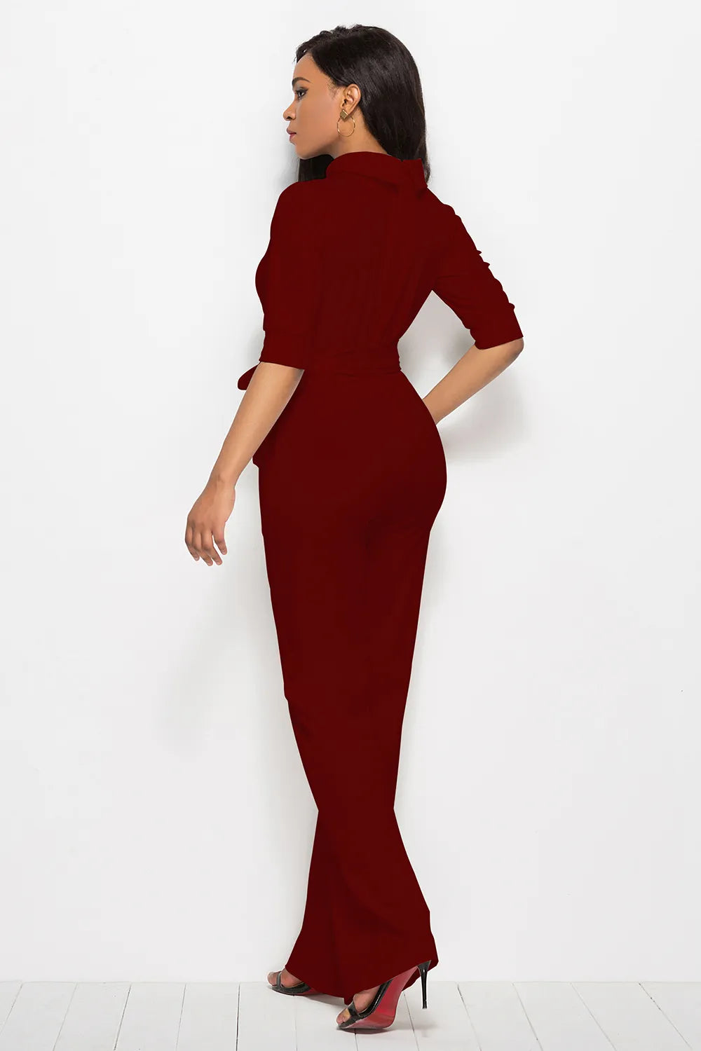 Mock Neck Tie-Waist Half Sleeve Jumpsuit - cas7m