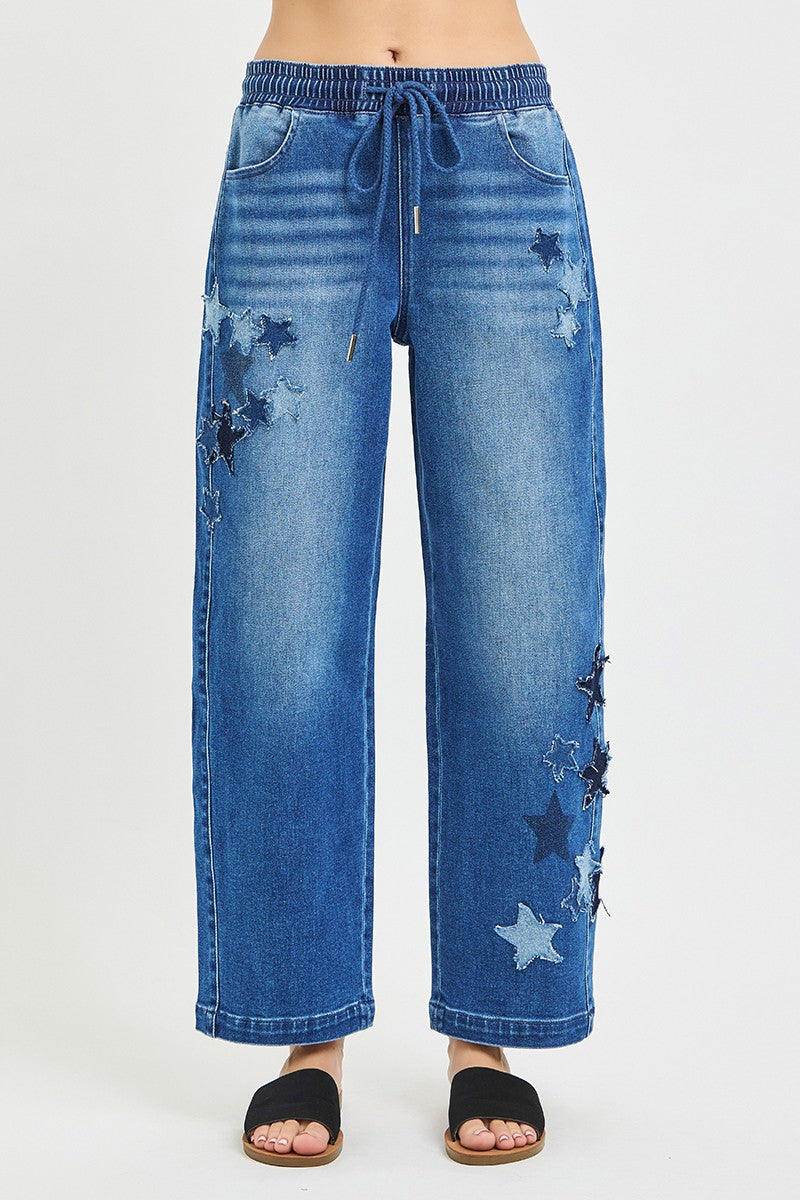 RISEN Elastic Band Slouchy Cropped Barrel with Star Patch - cas7m