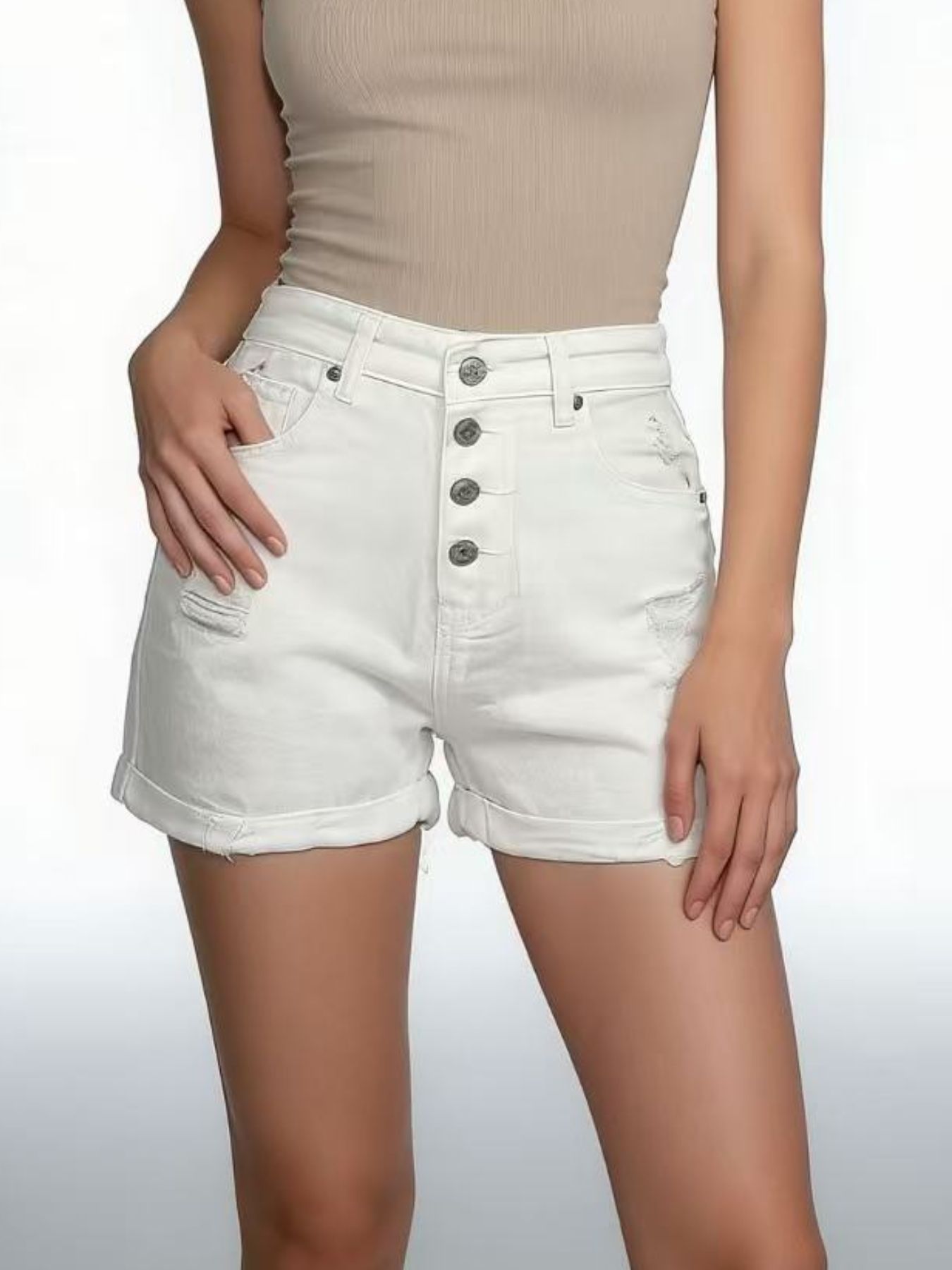 High-Waisted Button-Fly Distressed Denim Shorts - cas7m