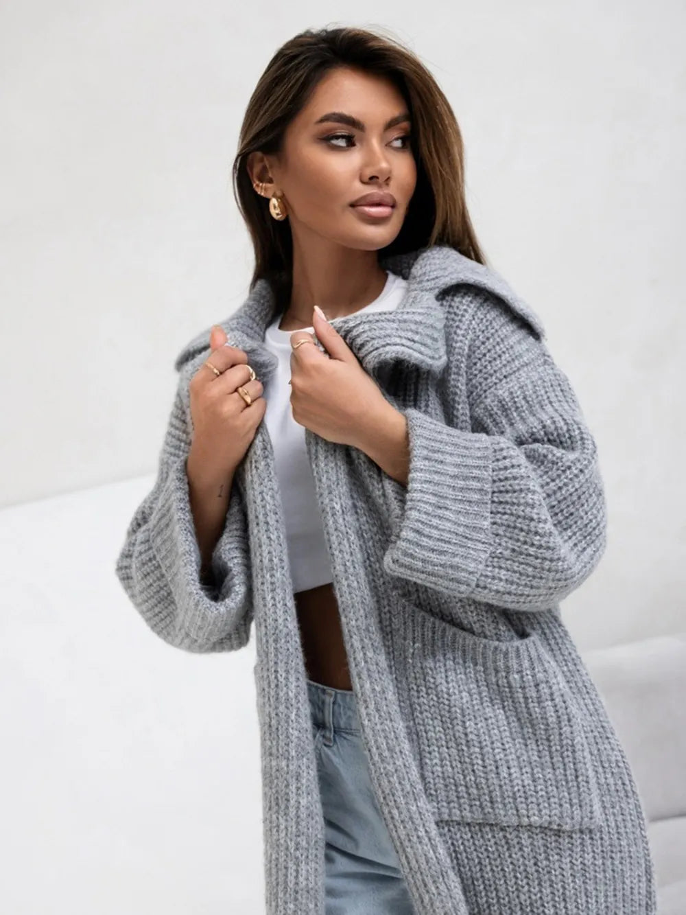 Pocketed Collared Neck Dropped Shoulder Cardigan - cas7m