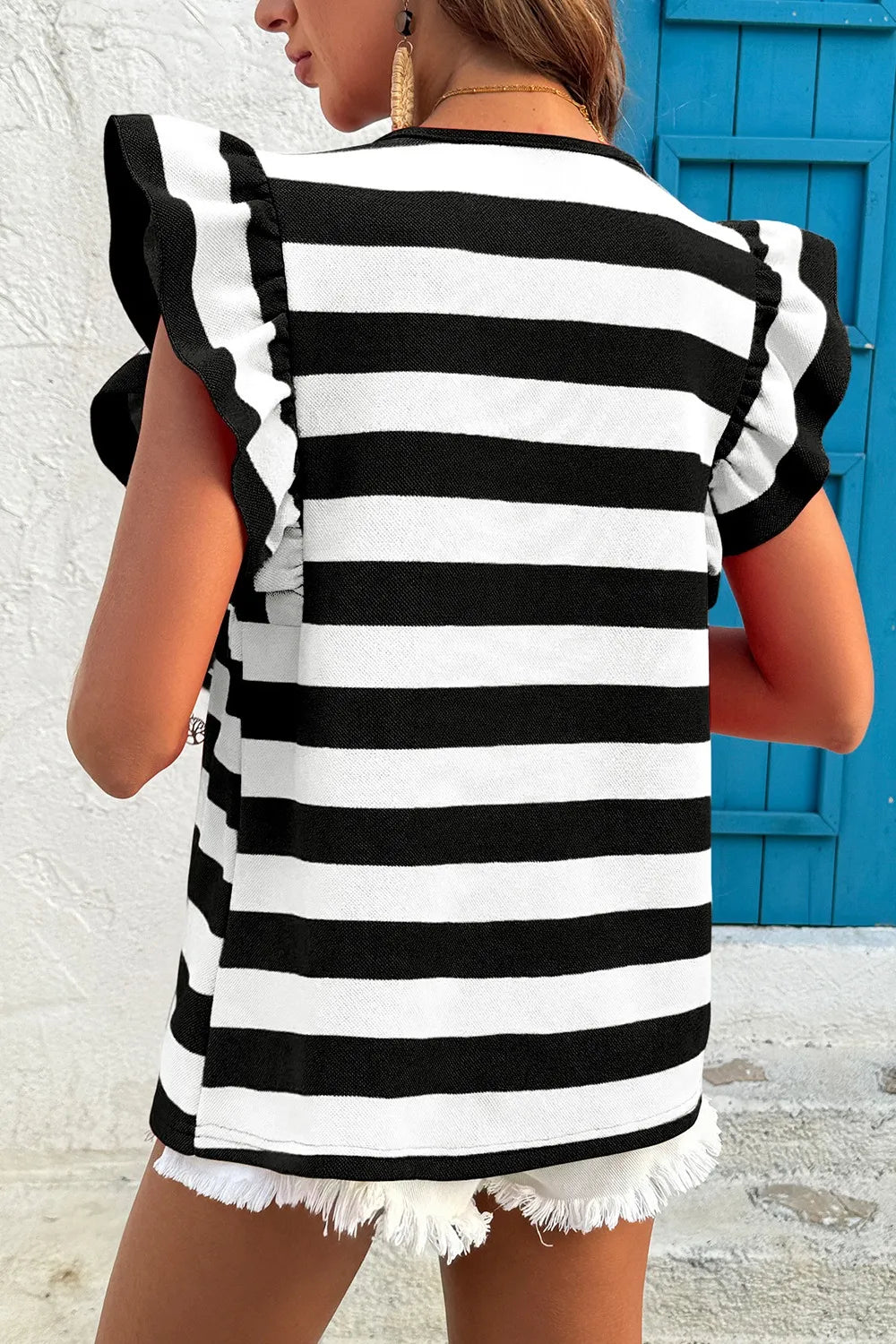 Ruffle Sleeve Striped T-Shirt - cas7m