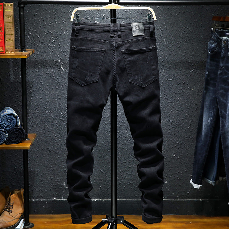 Spring And Summer New Jeans Pure Black Ripped Stretch Jeans Men Black Jeans Men - cas7m
