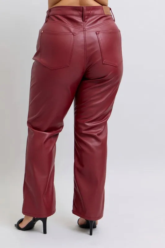Judy Blue Full Size High Waist Tummy Control Faux Leather Straight Pants Plus Size - cas7m