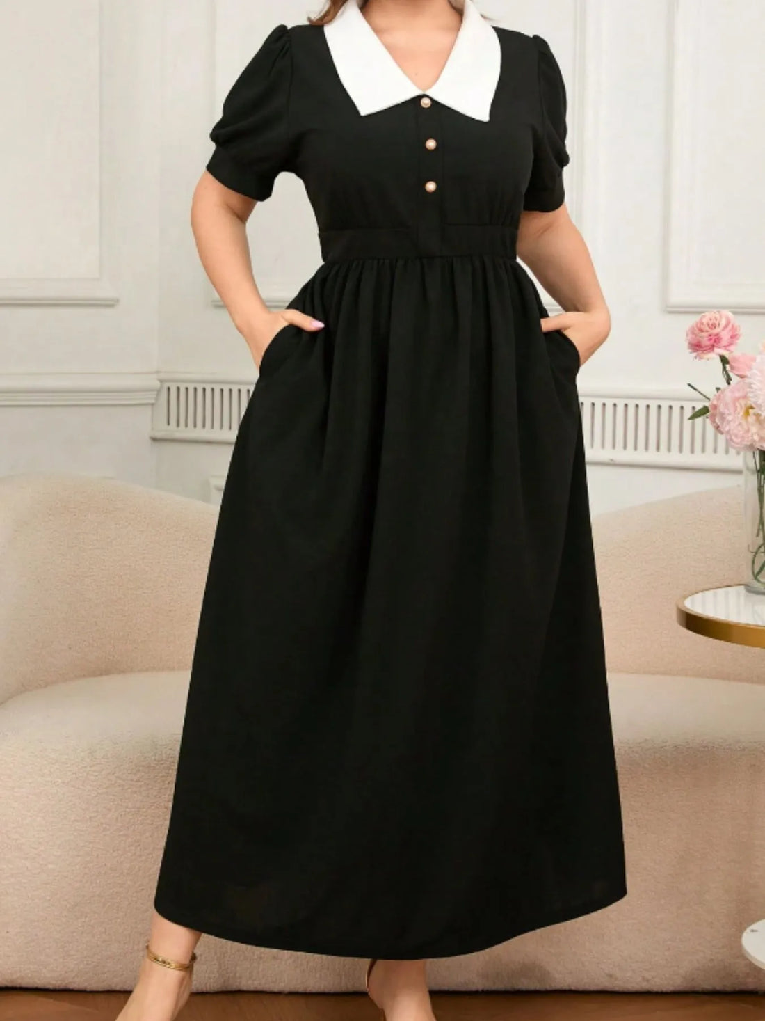 Plus Size Contrast Collar Short Sleeve Dress - cas7m