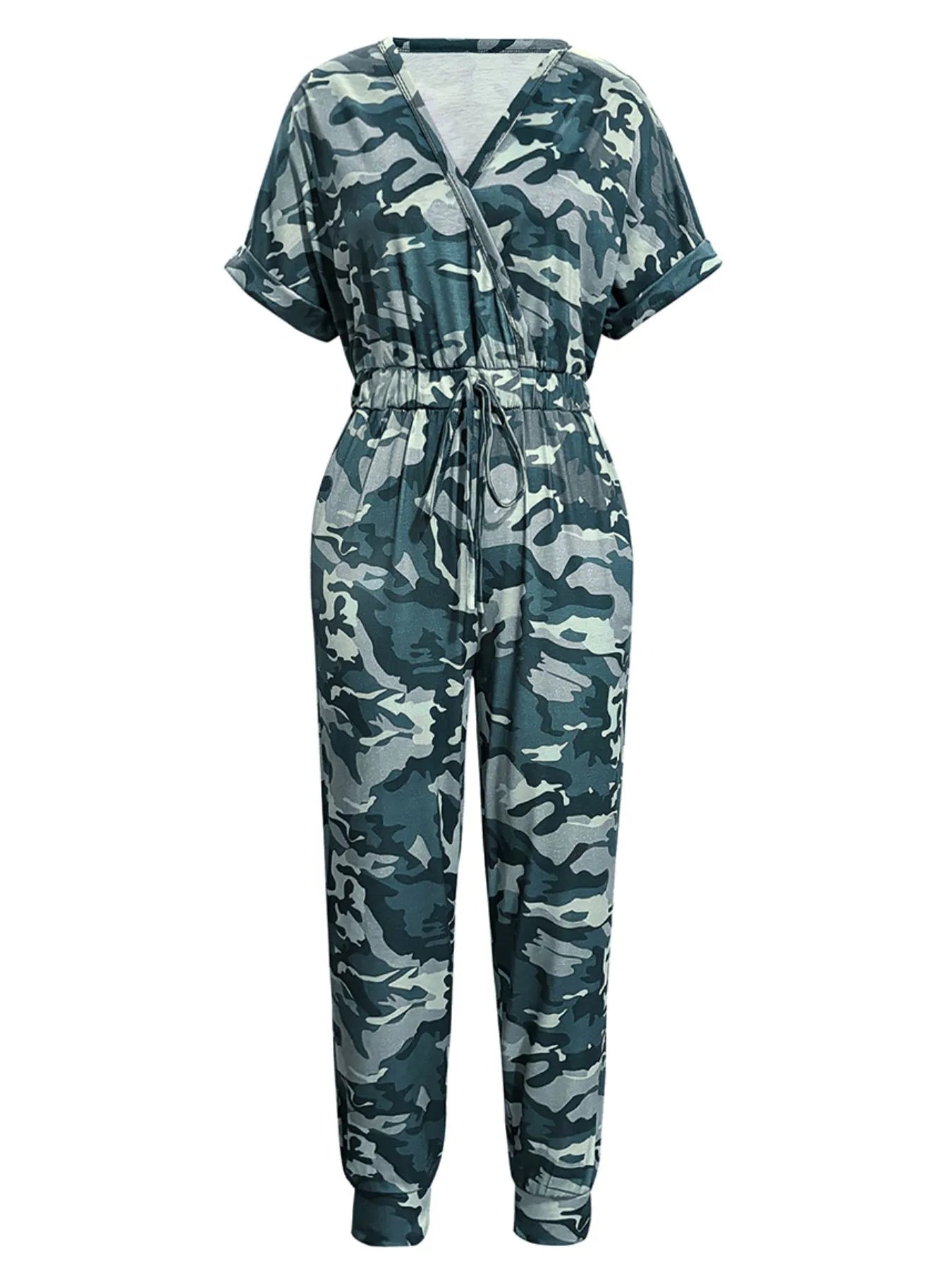 Drawstring Waist Short Sleeve Jumpsuit - cas7m