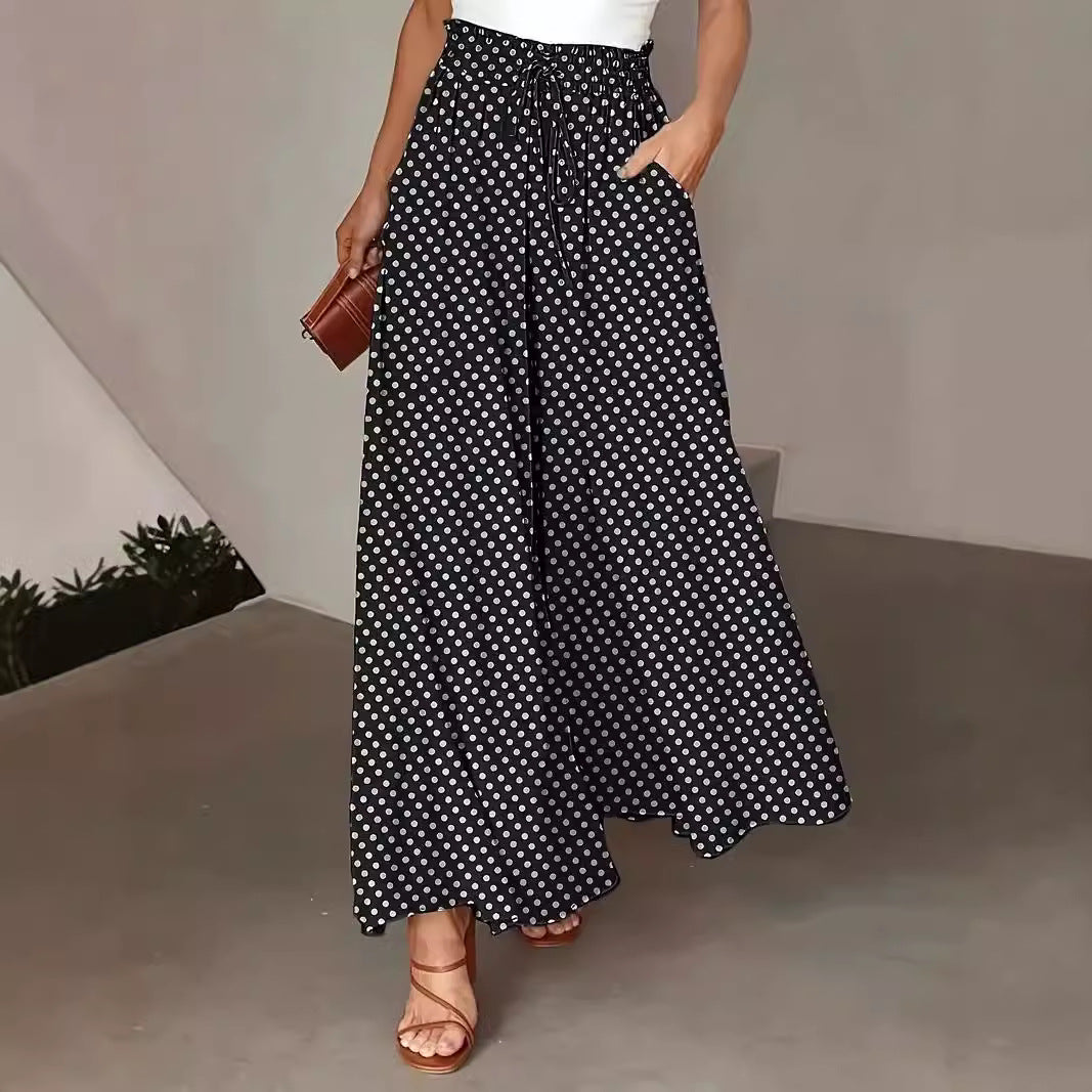 Polka Dot Print Trousers Fashion Loose Elastic Waist Wide-leg Pants Women's Clothing - cas7m