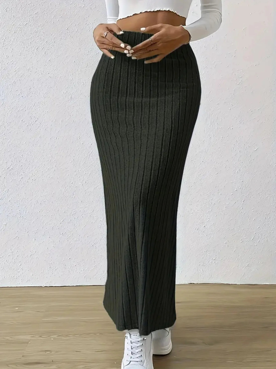 High Waist Ribbed Knit Maxi Skirt - cas7m