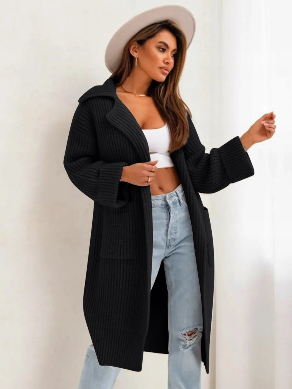 Pocketed Collared Neck Dropped Shoulder Cardigan - cas7m