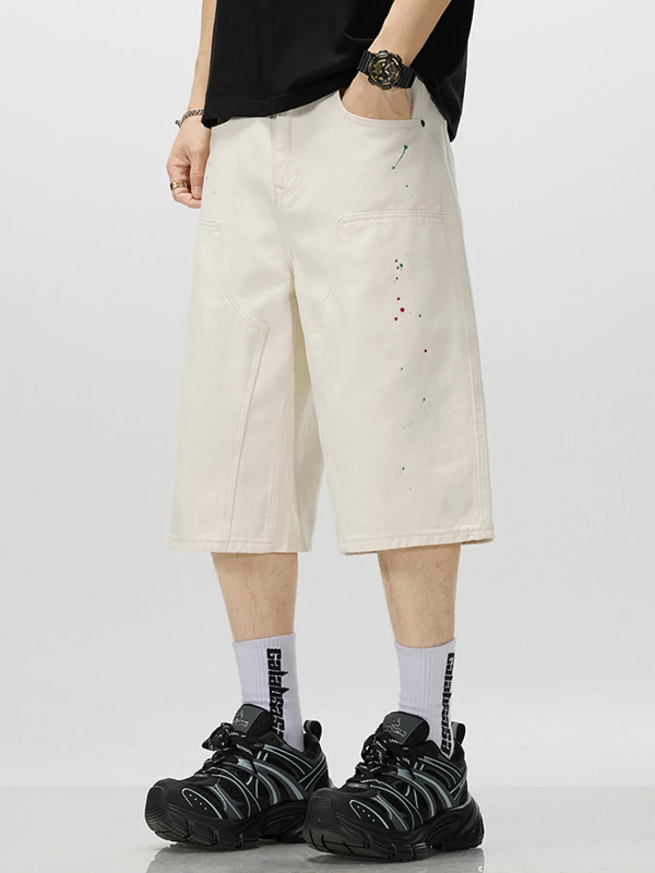 Men's Loose-Fit Splatter-Paint Denim Capris - cas7m