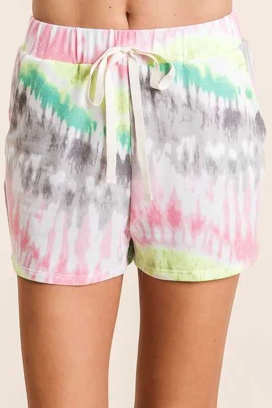 BiBi Tie Dye Print Shorts With Twill Tape Drawstring - cas7m