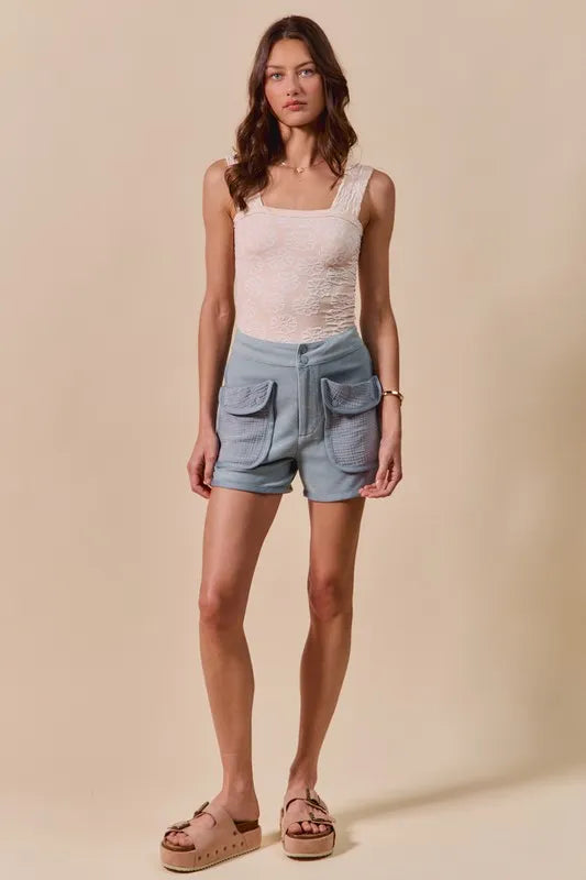 SO ME Mineral Washed Terry High Rise Cargo Shorts - cas7m