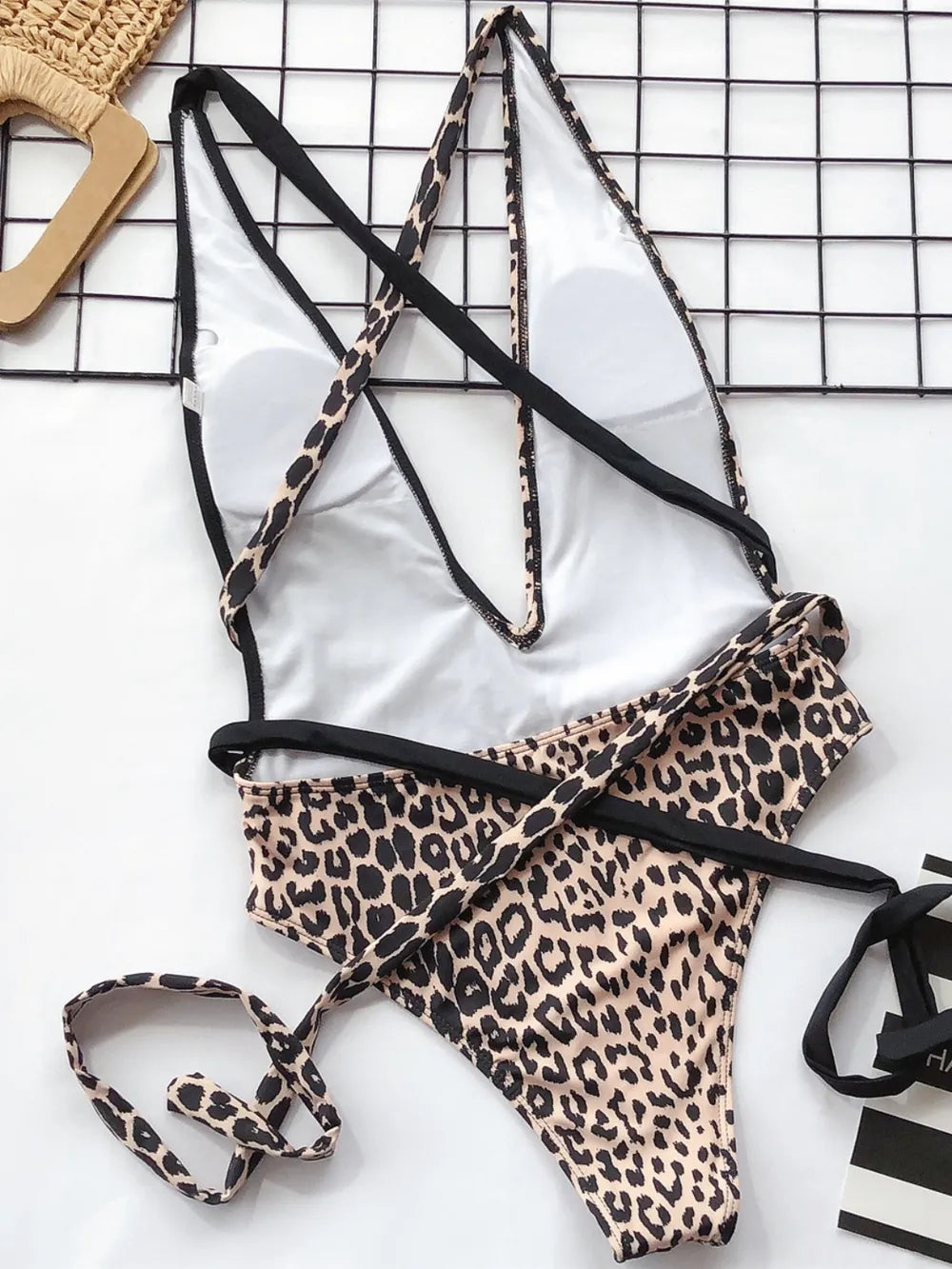 Tied Leopard Plunge One-Piece Swimwear - cas7m