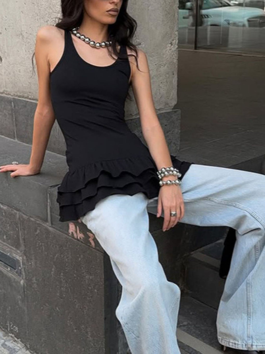 Ruffled Hem Round Neck Tank - cas7m