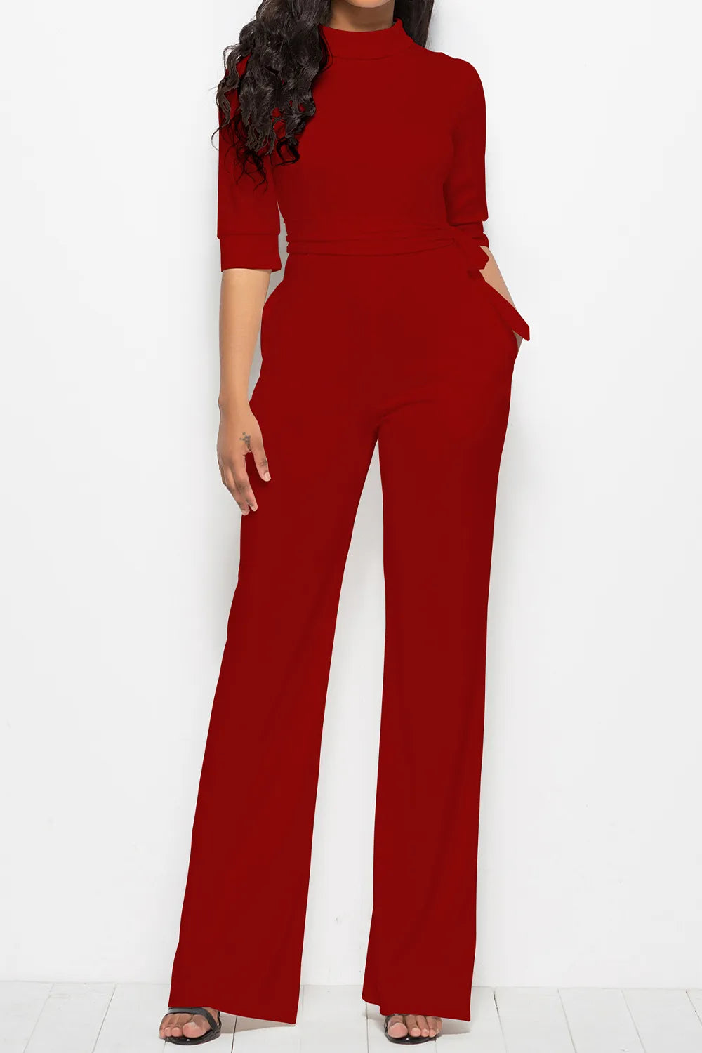 Mock Neck Tie-Waist Half Sleeve Jumpsuit - cas7m