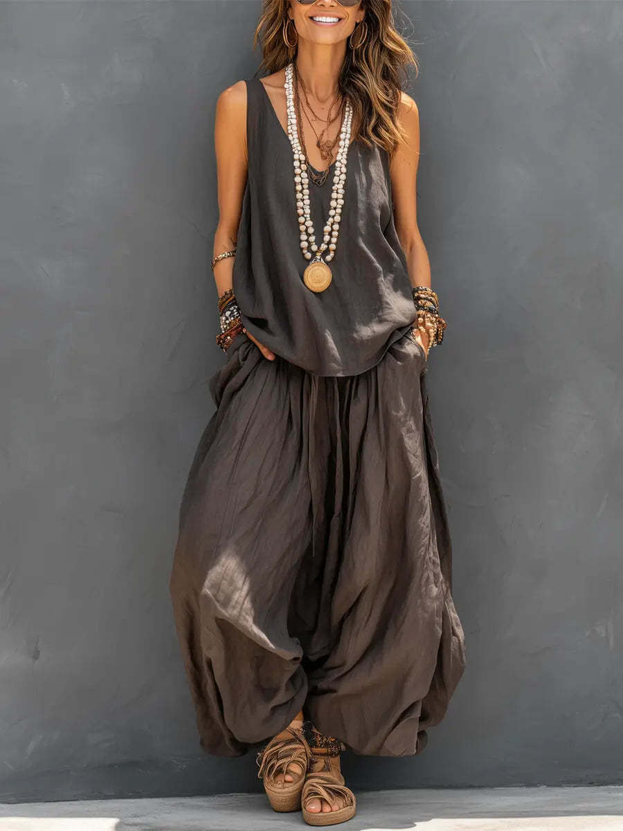 Womens Solid-Colored Casual Sleeveless Tank Top And Wide-Leg Pants Cotton-Linen Set For Daily Wear Holiday Outfit - cas7m