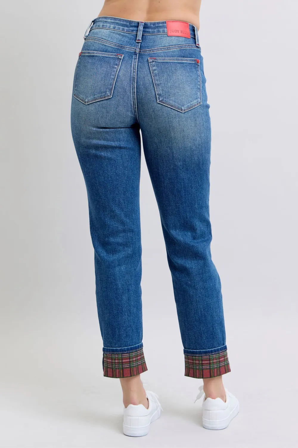 Judy Blue Full Size Plaid Print Cuff Straight Leg Jeans with Pockets - cas7m