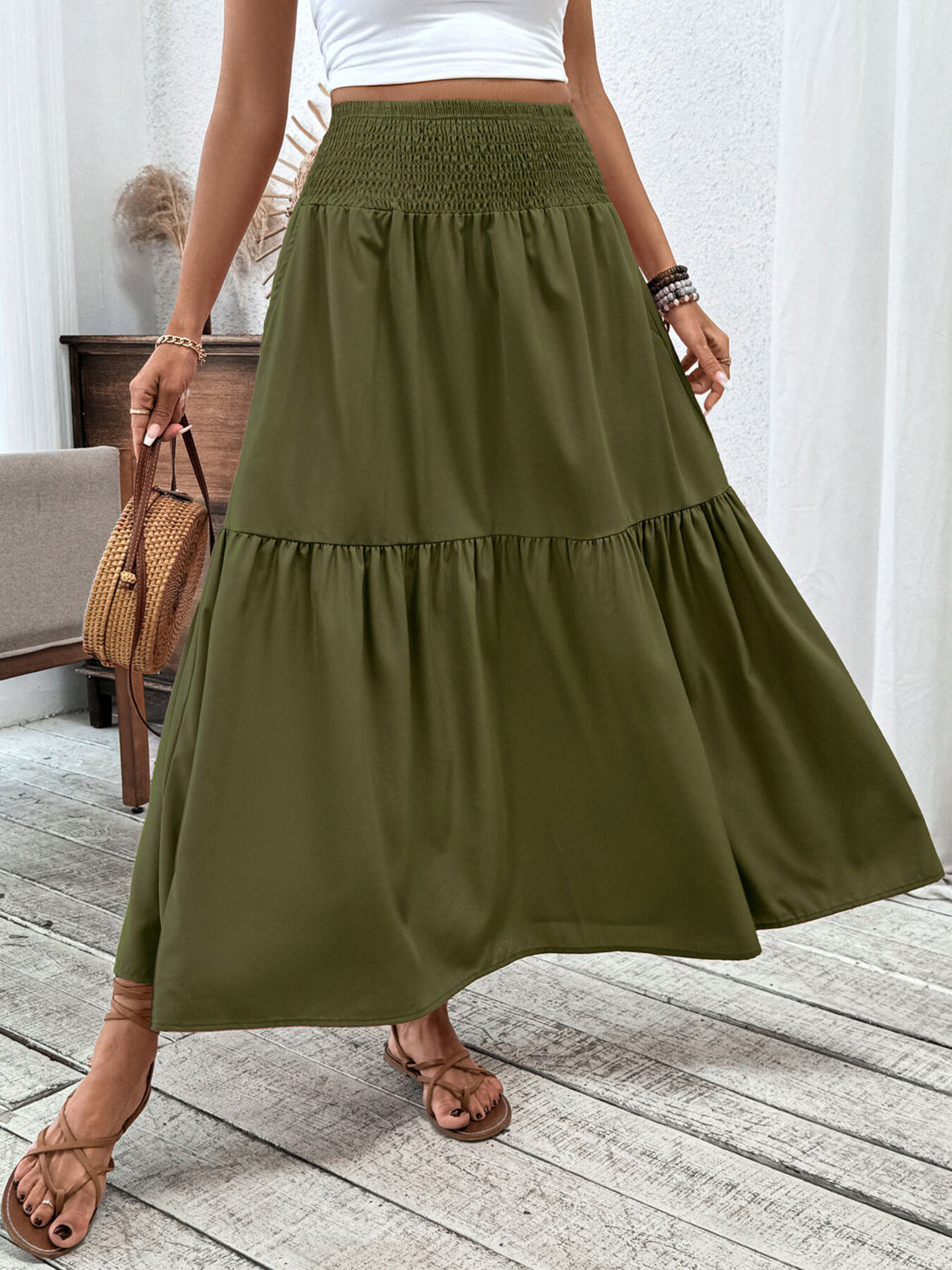 Smocked Waist Tiered Skirt - cas7m