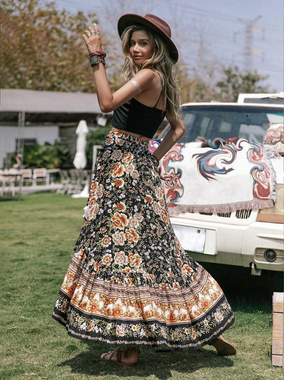 Plus Size Boho Floral Print High-Low Skirt - cas7m